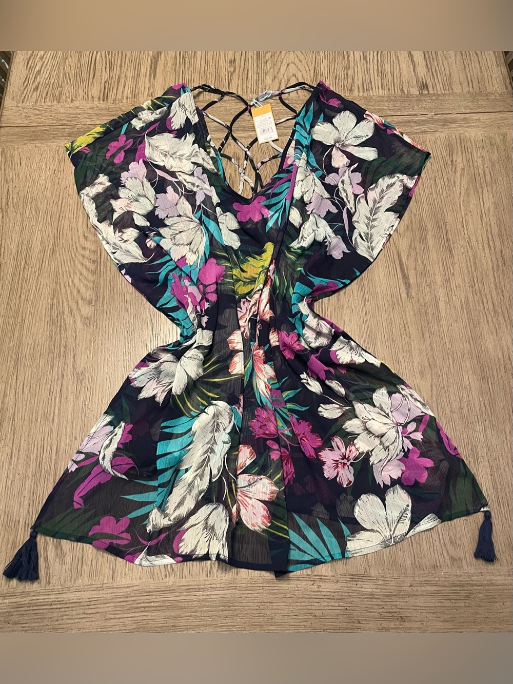NWT Kona Sol sheer floral swimsuit coverup, large, cute tassels